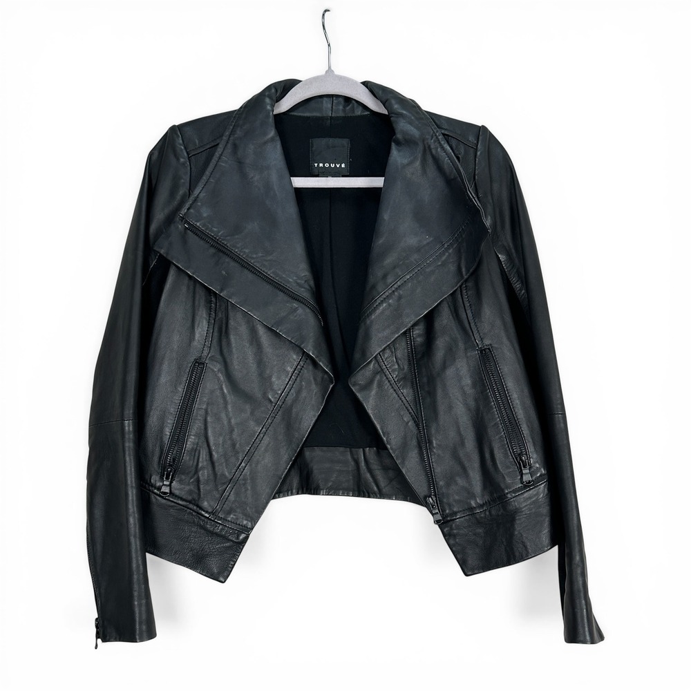 Trouve ~ Womens Black Leather Asymmetrical Moto Jacket Ribbed Panels XS